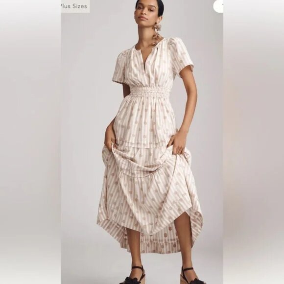 Anthropologie The Somerset Maxi Dress Textured Edition Smocked Tiered LightSand - Picture 1 of 7